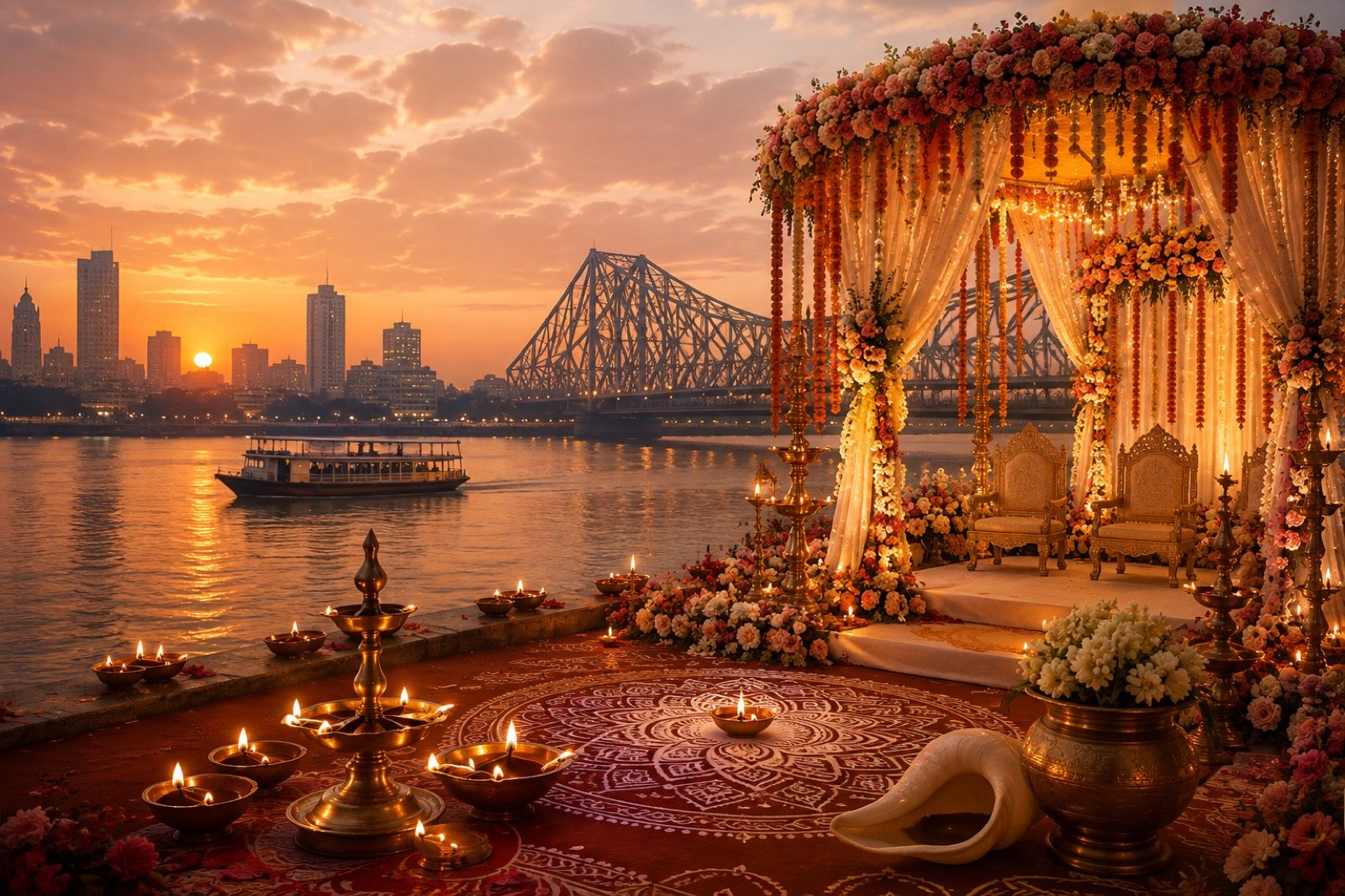Howrah Bridge sunset with traditional Bengali wedding mandap decor
