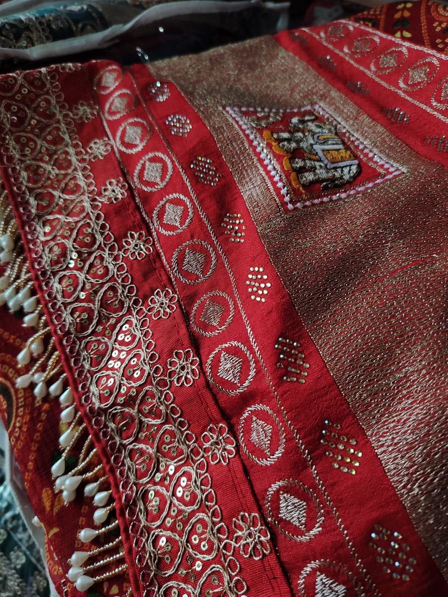 Close-up of intricate kantha embroidery textile detail