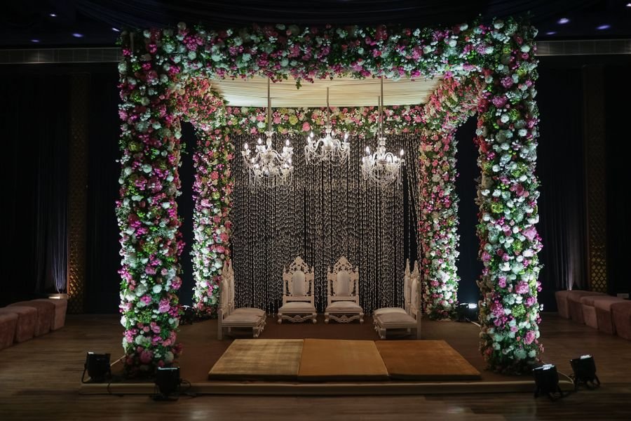 Floral Mandap with Chandeliers